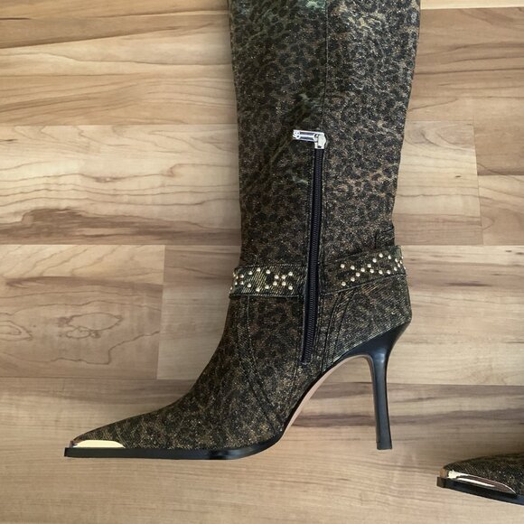 Jessica Simpson Animal Print Fabric Kenzin Tall Boots Size 10M Embellished - Picture 10 of 15